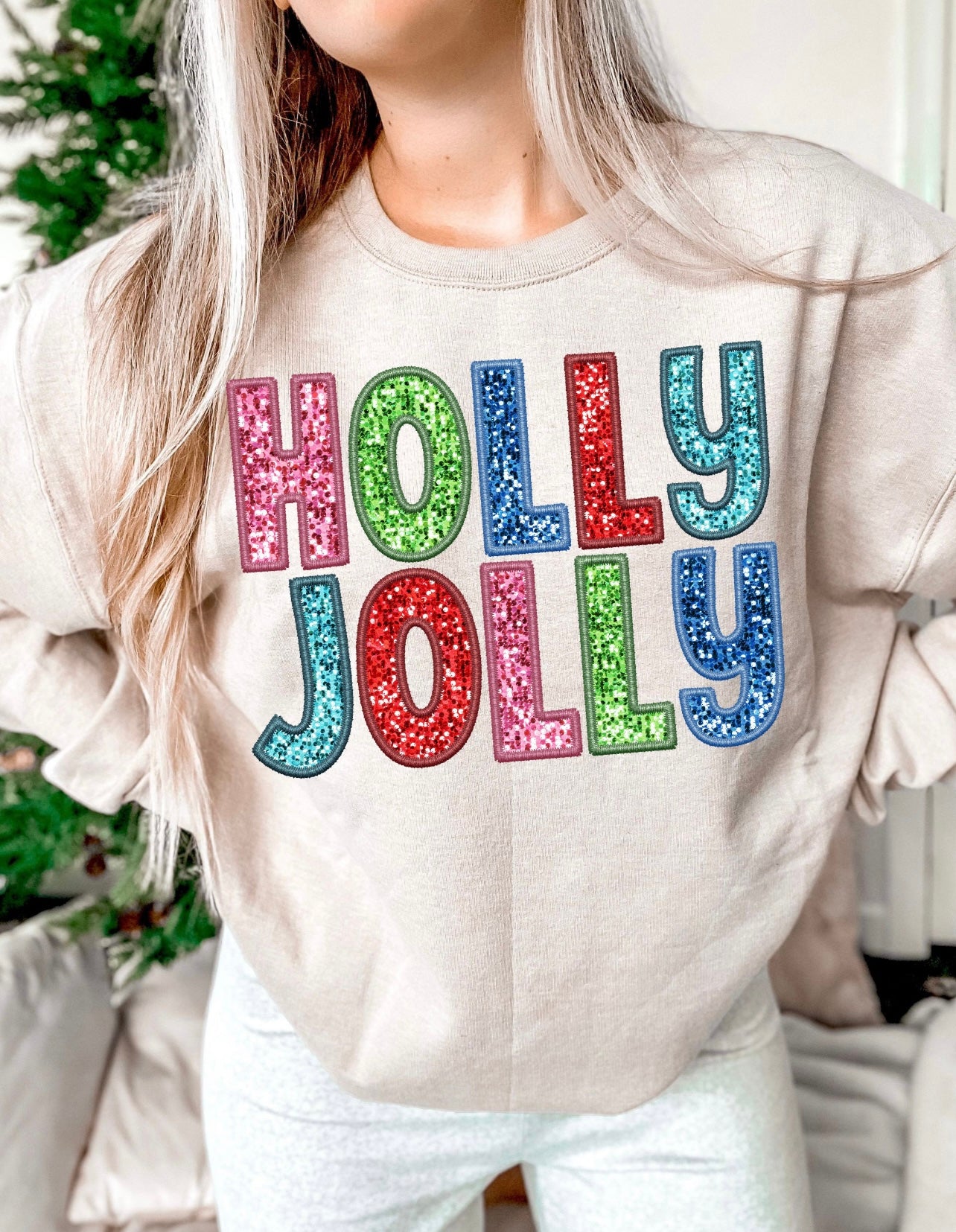 Faux Embroidered Holly Jolly Christmas Crewneck