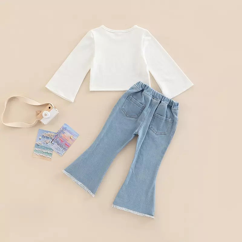 Casual High Waist Denim Bell Bottoms Set